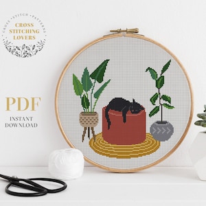 Home plants cross stitch pattern, Cat counted cross stitch PDF chart, modern embroidery pattern, funny gift idea