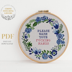 Bathroom cross stitch pattern, Wash your Hands, Funny counted cross stitch design, Subversive pattern, home decor, Instant download PDF