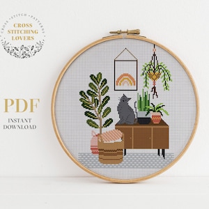 Homely houseplants cross stitch pattern, Funny embroidery chart, Modern counted cross-stitch design, home decor, instant download PDF