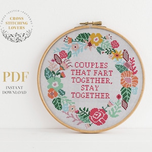 Funny cross stitch pattern, Couples that fart together stay together, modern embroidery design, instant download PDF chart, home decor