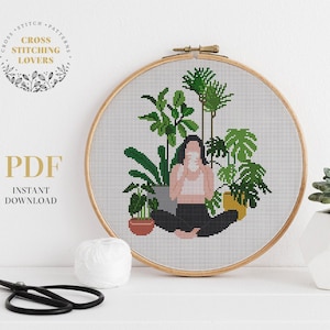 Plant lady cross stitch pattern, counted cross stitch PDF chart, Home plants embroidery pattern, home decor