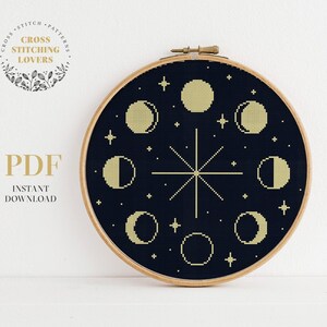 Gráfico de ponto cruz com fases da lua, gráfico de ponto cruz fácil, padrão em PDF para download instantâneo, decoração de parede, arte em bastidor, bordado moderno