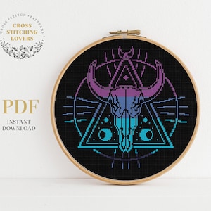 Mystical Skull cross stitch pattern, Gothic counted cross stitch chart, instant download PDF pattern
