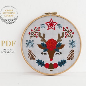 Christmas theme cross stitch pattern, Reindeer animal, easy embroidery pattern, instant download PDF chart, Christmas ornament home decor