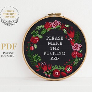 Subversive cross stitch pattern, black background flower wreath, modern embroidery pattern, home decor, instant download PDF chart