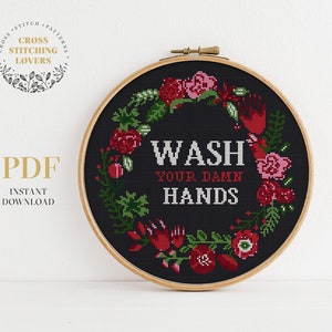 Wash your hands Cross Stitch Pattern, Floral Wreath PDF pattern, home decor, instant download