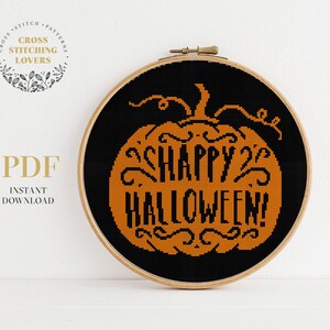 Halloween Kreuzstichmuster, Happy Halloween Text, Kürbis Thema, Kreuzstich Stickvorlage, PDF Stickvorlage