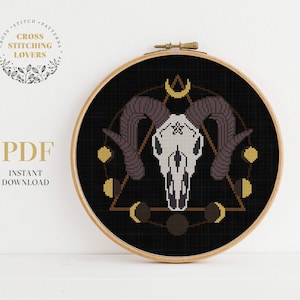 Gothic theme skull cross stitch pattern, Mystical counted cross stitch chart, instant download PDF pattern