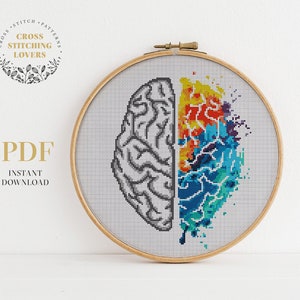 Human brain cross stitch pattern, Modern counted cross stitch, Colorful rainbow PDF pattern, embroidery design, instant download PDF chart