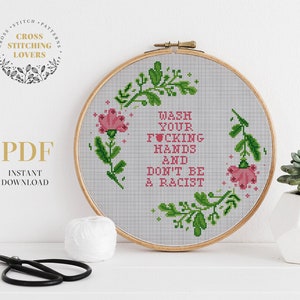 Subversive cross stitch pattern, Wash your hands embroidery, snarky pattern, instant download PDF chart