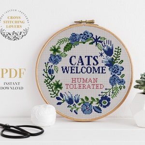 Regalo para gato persona patrón punto de cruz, diseño divertido punto de cruz, corona de flores, patrón de bordado, descarga instantánea de tabla PDF