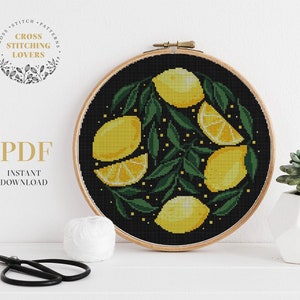 Lemon fruits cross stitch pattern,  modern embroidery design, wall home decor, instant download PDF chart