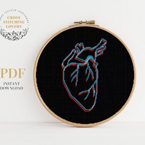 3D effect Heart cross stitch pattern, Anatomy embroidery PDF chart, digital instant download PDF pattern, home decor