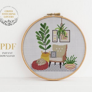 Home scene cross stitch pattern, homely houseplants, funny counted cross stitch chart, modern embroidery design, instant download PDF