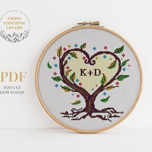 Love tree cross stitch pattern, Personalized embroidery gift, home decor, instant download PDF chart