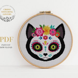Cat with flowers Cross Stitch Pattern, easy counted cross stitch design, cross-stitch gift, embroidery chart, instant download PDF