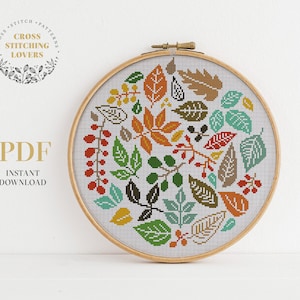 Leaves cross stitch pattern, counted cross stitch PDF chart, modern embroidery pattern, funny gift idea, home decor
