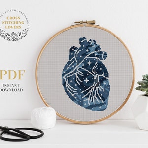 Heart shape cross stitch pattern, Human body counted cross stitch, Starry night PDF pattern, embroidery design, instant download PDF chart
