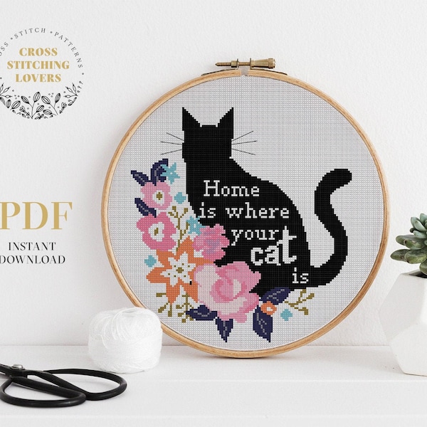 Funny Cross Stitch Pattern, Cute embroidery pattern, Home is where your cat is, cross-stitch gift, PDF pattern instant download, home decor