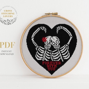 Skeleton cross stitch pattern, Gothic love theme counted cross stitch, home decor, instant download PDF chart