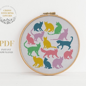 Modèle de point de croix silhouette de chats, niveau facile, amoureux des chats, décoration de maison cool, tableau PDF à télécharger instantanément