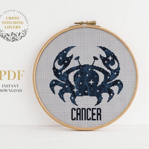 Patrón de punto de cruz del zodiaco cáncer, tabla de bordado del tema de la astrología, patrón PDF de descarga instantánea, decoración del hogar de la pared