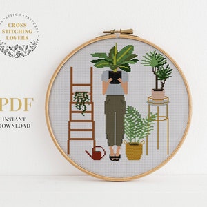 Crazy plant lady cross stitch pattern, Home plants embroidery design, wall home decor. PDF pattern instant download