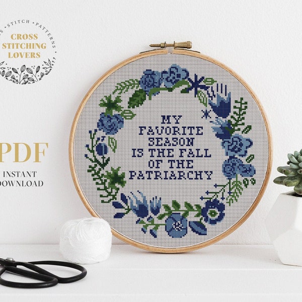 Fall of Patriarchy - cross stitch PDF pattern, feminist embroidery chart, wall home decor, instant download PDF