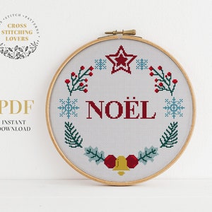 Noel cross stitch pattern, Christmas wreath counted cross stitch chart, instant download PDF, Christmas home decoration