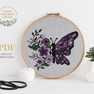 Violet Butterfly Cross Stitch Pattern, Modern PDF counted cross stitch chart, Instant download PDF