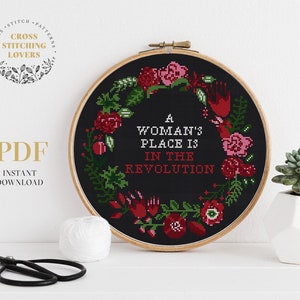 Feminist Subversive cross stitch pattern, floral wreath design, modern embroidery pattern, wall home decor, instant download PDF, hoop art image 1