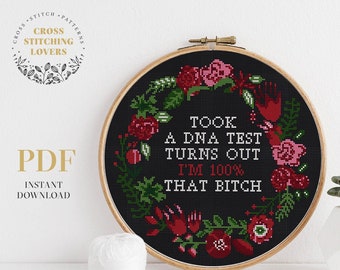 Funny cross stitch pattern, modern embroidery pattern, 100% bitch, wall home decor, instant download PDF, subversive crossstitch