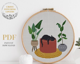 Home plants cross stitch pattern, Cat counted cross stitch PDF chart, modern embroidery pattern, funny gift idea