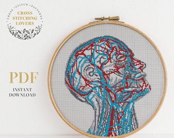 May include: Cross stitch pattern of a human head with detailed anatomical features, including veins and arteries, in shades of red, blue, and grey. The pattern is displayed in a wooden embroidery hoop.