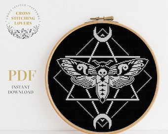 Goth Moth cross stitch pattern, Mystical and Death theme xstitch chart, instant download PDF pattern