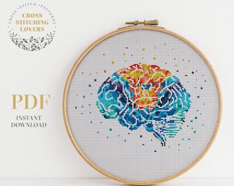 May include: A colourful cross stitch pattern of a human brain with a white background. The brain is made up of different colours, including blue, green, yellow, orange, and red. The pattern is surrounded by a white border.