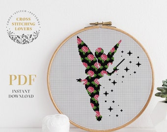 Fairy silhouette cross stitch pattern, flower counted cross stitch, Modern embroidery design, Instant download PDF chart, hoop art