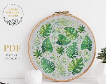 Plants cross stitch pattern, Green home plants leaves counted cross stitch PDF chart, modern embroidery pattern, funny gift idea