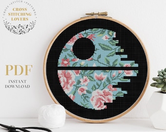 Star Cross Stitch Pattern, Flower theme design, Universe theme embroidery pattern, wall home decor, xstitch chart, cross-stitch gift