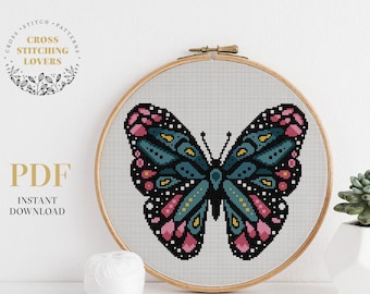 Patrón de punto de cruz de mariposa, gráfico de punto de cruz contado con tema de insectos, gráfico de descarga instantánea en PDF