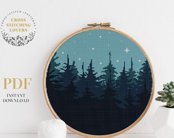 Starry night cross stitch pattern, Forest counted cross stitch pattern, embroidery design, xstitch PDF chart, home decor
