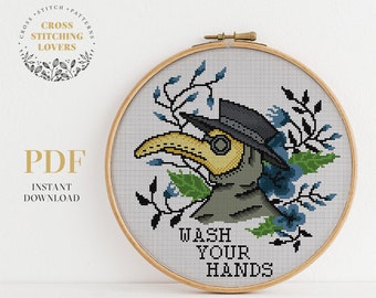 Wash Your Hands cross stitch pattern,  Plague doctor theme, home decor, embroidery Instant download PDF chart