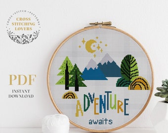 Schema punto croce Avventura, schema punto croce facile da contare, disegno ricamo montagna, schema PDF con schema xstitch, decorazioni per la casa