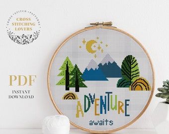 Adventure cross stitch pattern, easy counted cross stitch pattern, mountain embroidery design, xstitch chart PDF pattern, home decor