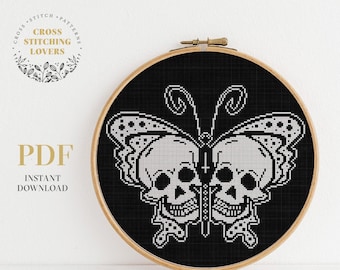 Schema punto croce con teschio e farfalla, schema xstitch a tema gotico e mistico, schema da ricamo, schema PDF da scaricare immediatamente