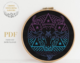 Gothic Pentacle cross stitch pattern, Mystical theme counted cross stitch design, instant download PDF chart
