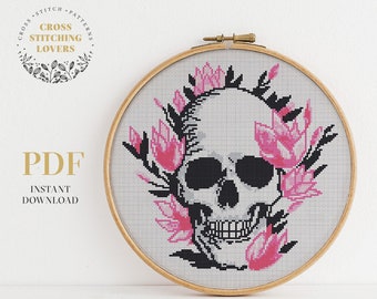 Flower skull cross stitch pattern,  Gothic theme, Easy embroidery pattern, instant download PDF chart