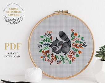Raccoon cross stitch pattern, cute and easy embroidery chart, nursery decor, instant download PDF