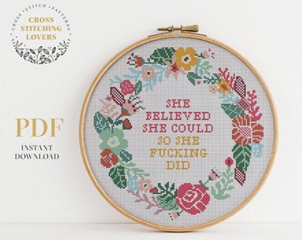 Subversive cross stitch pattern, colorful flower border, funny embroidery pattern, home decor, instant download PDF, xstitch chart