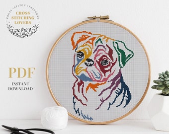 Pug Cross Stitch Pattern, Dog theme counted cross stitch design, cross-stitch gift, embroidery chart, PDF instant download, home decor